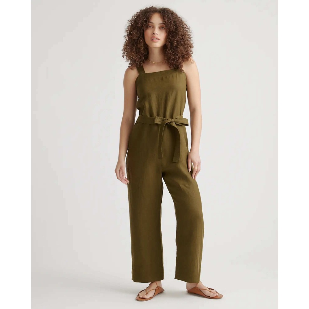 Quince 100% European Linen Square Neck Jumpsuit Martini Olive XL NWT
